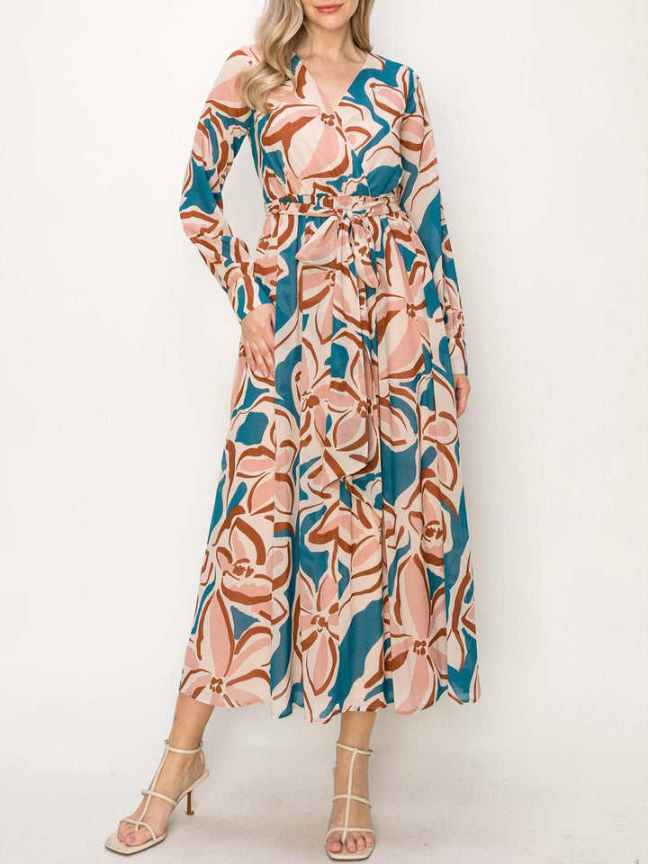 WOMEN'S LONG SLEEVE MULTI PRINT SURPLICE MAXI DRESS