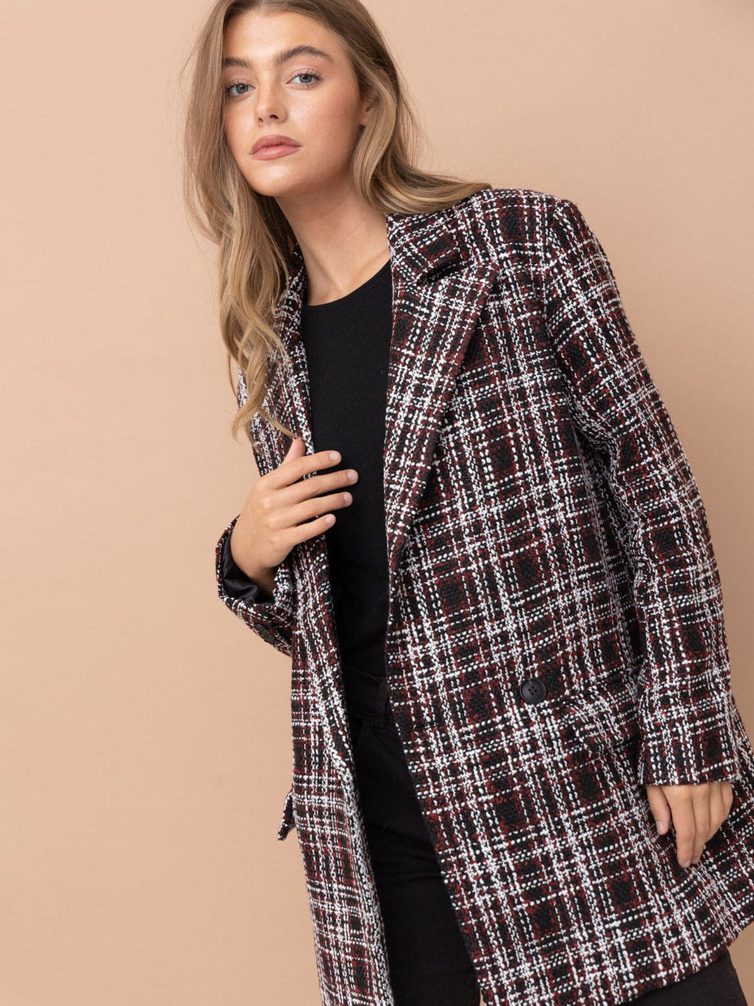 WOMEN'S LONG SLEEVE BUTTON CLOSURE POCKETS PLAID BLAZER