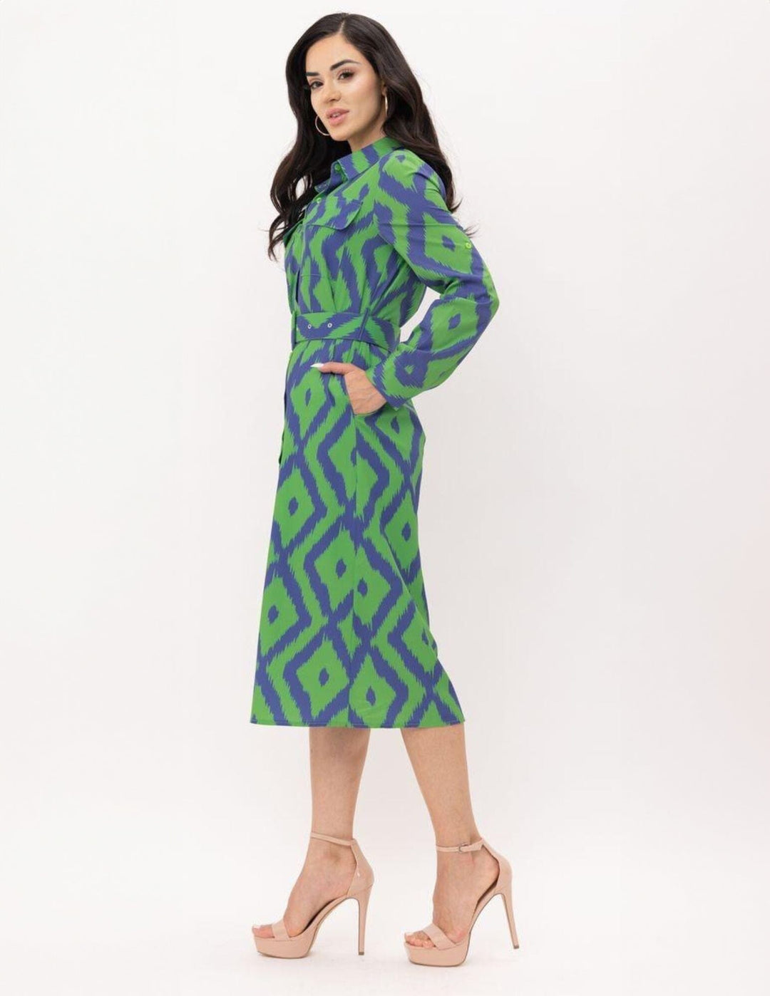 WOMEN'S LONG SLEEVE BUTTON UP POCKETS BELTED PRINTED MIDI DRESS