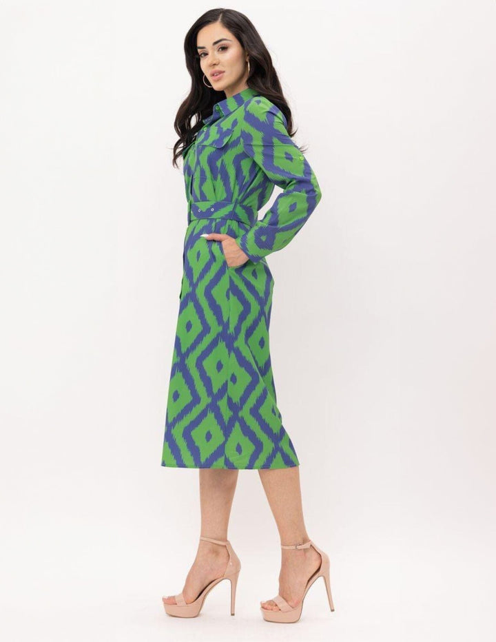 WOMEN'S LONG SLEEVE BUTTON UP POCKETS BELTED PRINTED MIDI DRESS