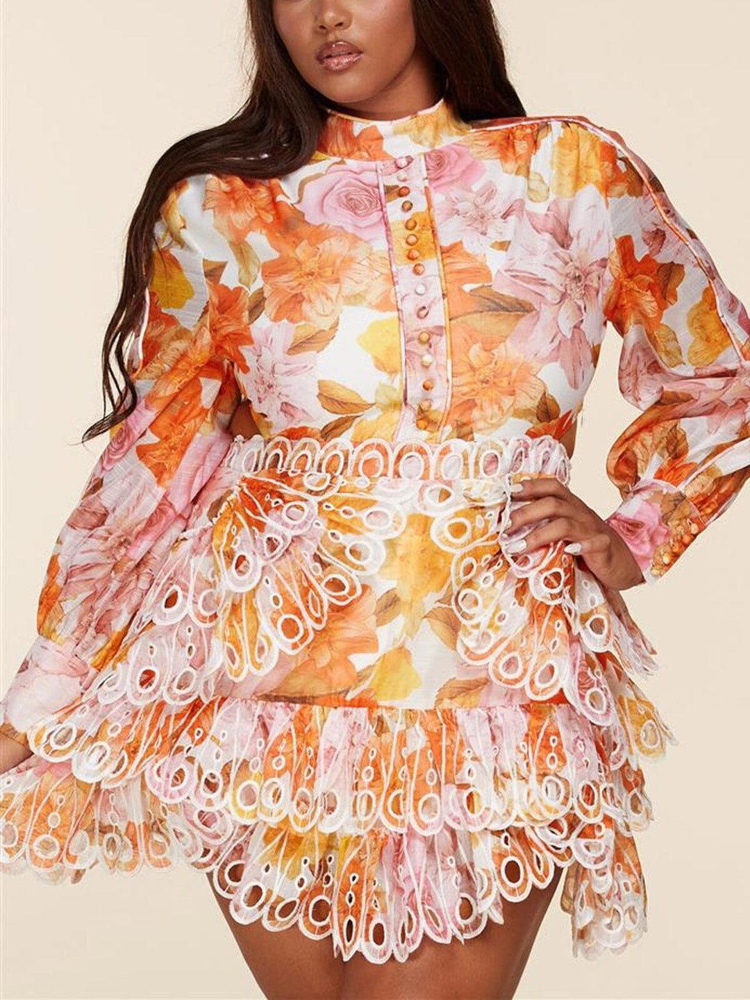 PLUS SIZE LONG SLEEVE OPEN BACK RUFFLE FLORAL MINI DRESS