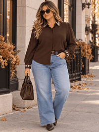 PLUS SIZE LONG SLEEVE BUTTON UP EMBROIDERY TRIM DETAILED BLOUSE