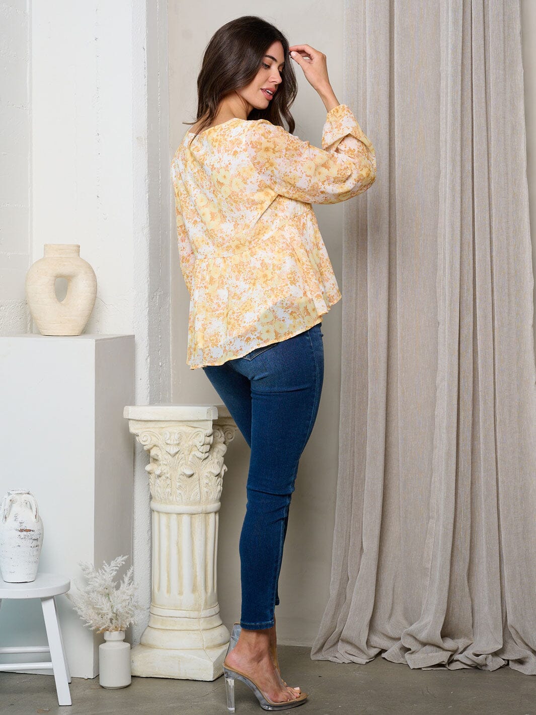 WOMEN'S LONG PUFF SLEEVE V-NECK TUNIC FLORAL TOP