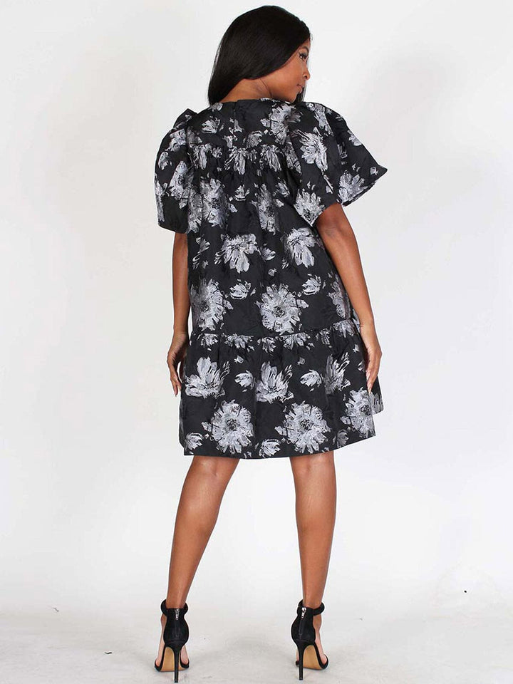 WOMEN'S SHORT PUFF SLEEVES FLORAL SHIMMER TUNIC MINI DRESS