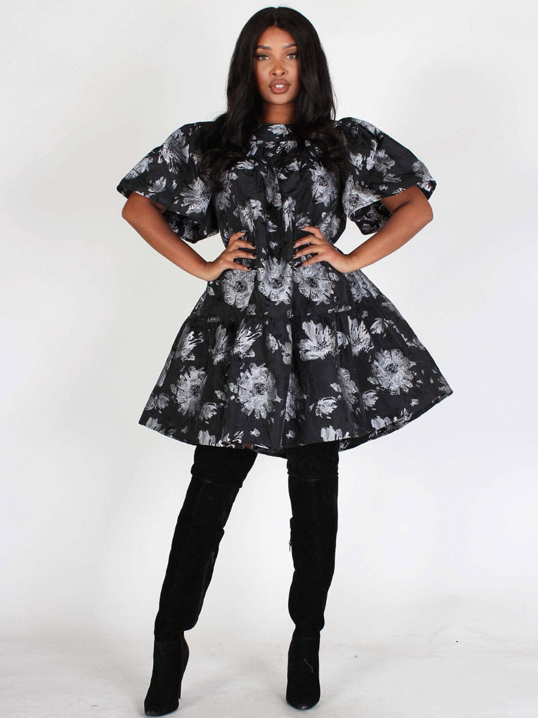 WOMEN'S SHORT PUFF SLEEVES FLORAL SHIMMER TUNIC MINI DRESS