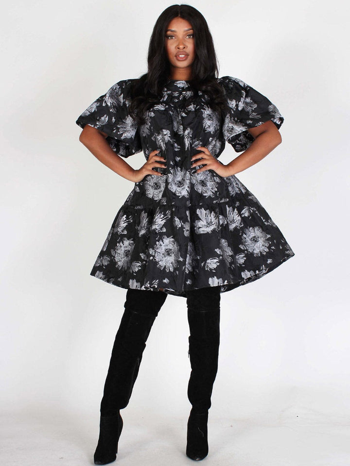 WOMEN'S SHORT PUFF SLEEVES FLORAL SHIMMER TUNIC MINI DRESS