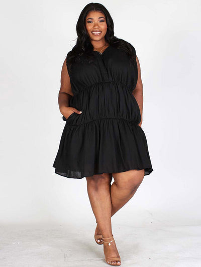 PLUS SIZE SLEEVELESS V-NECK TIERED TUNIC MINI DRESS