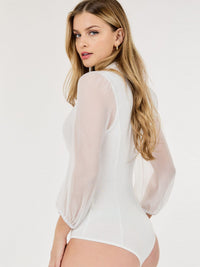 WOMEN'S LONG MESH SLEEVE V-NECK SURPLICE BODYSUIT