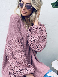 WOMEN'S LONG CROCHET SLEEVE LOOSE FIT WAFFLE OVERSIZED BLOUSE