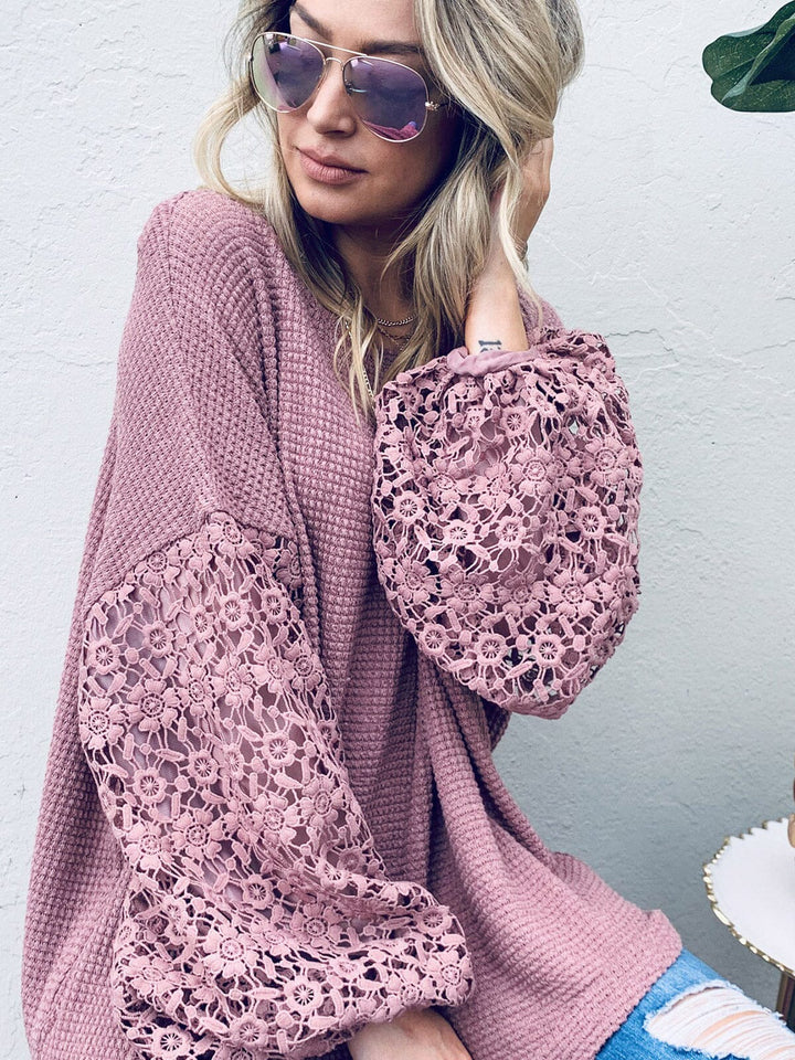 WOMEN'S LONG CROCHET SLEEVE LOOSE FIT WAFFLE OVERSIZED BLOUSE