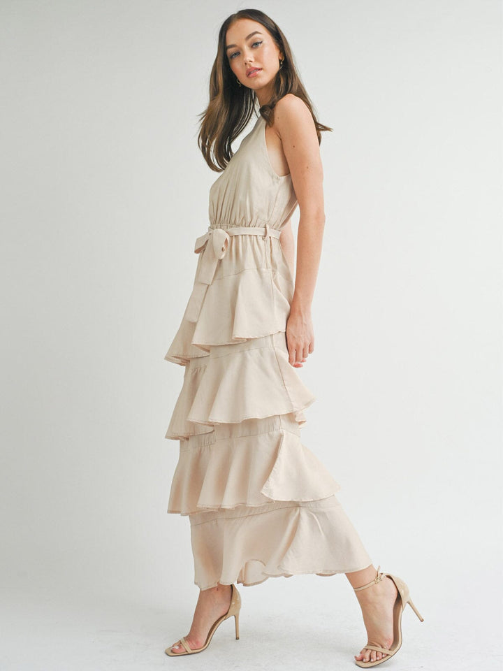 WOMEN'S SLEEVELESS TIERED RUFFLE MAXI DRESS