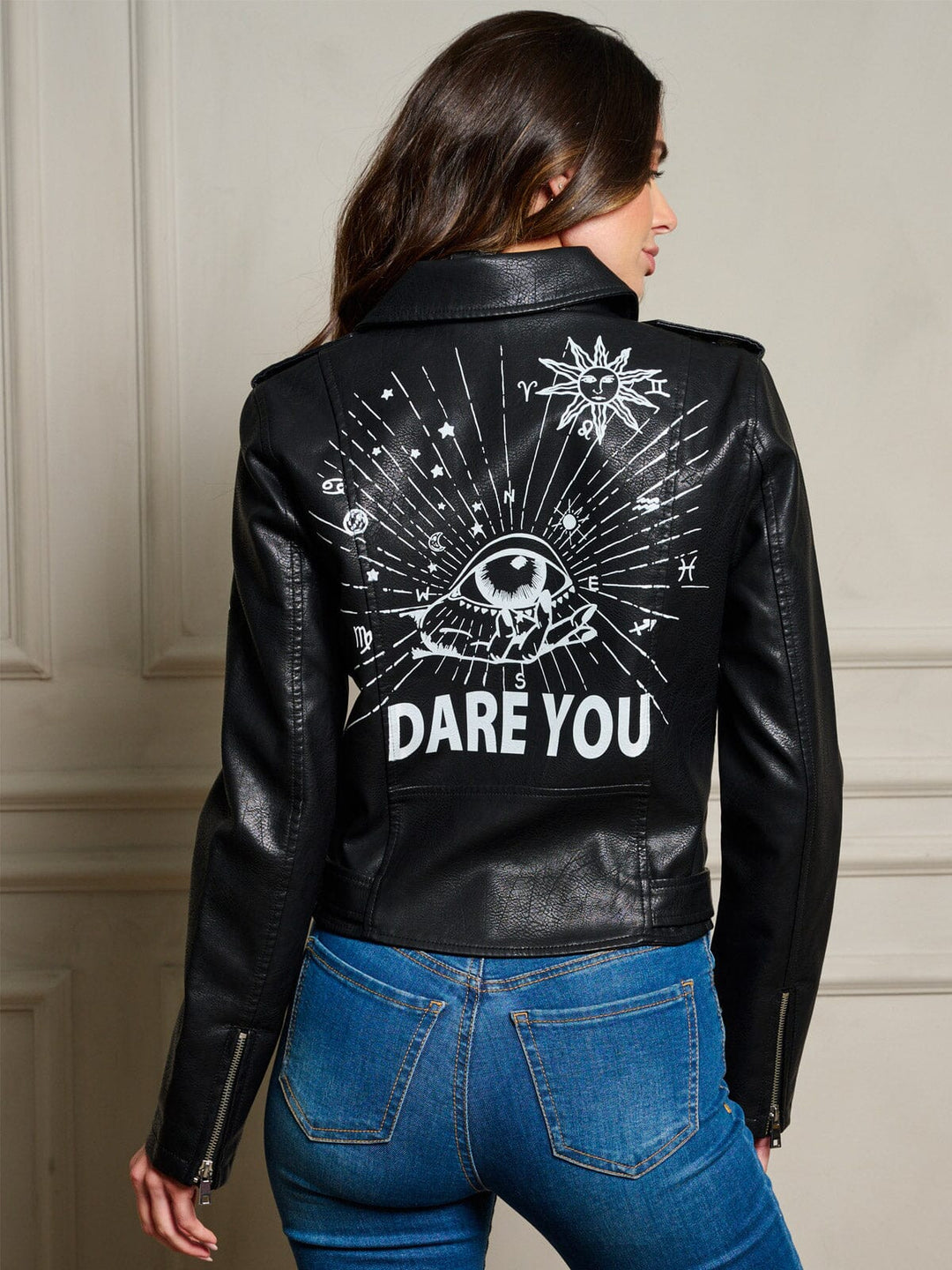 WOMEN'S LONG SLEEVE ZIP UP FAUX LEATHER GRAPHIC MOTO JACKET