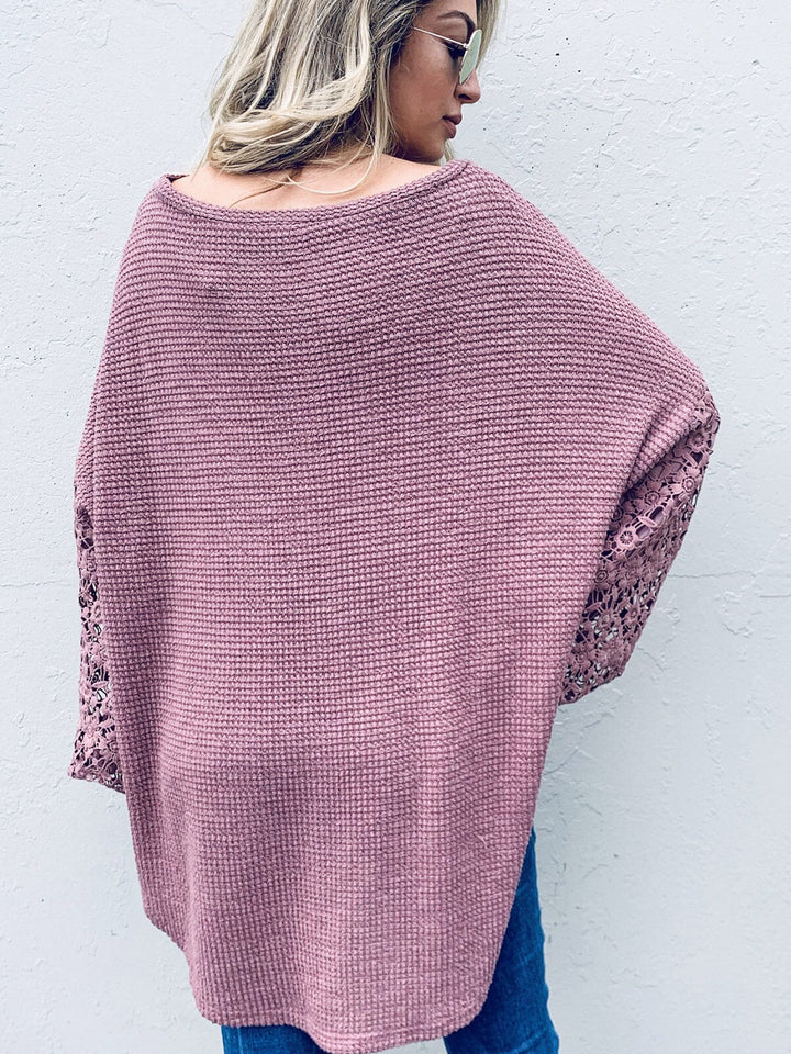 WOMEN'S LONG CROCHET SLEEVE LOOSE FIT WAFFLE OVERSIZED BLOUSE