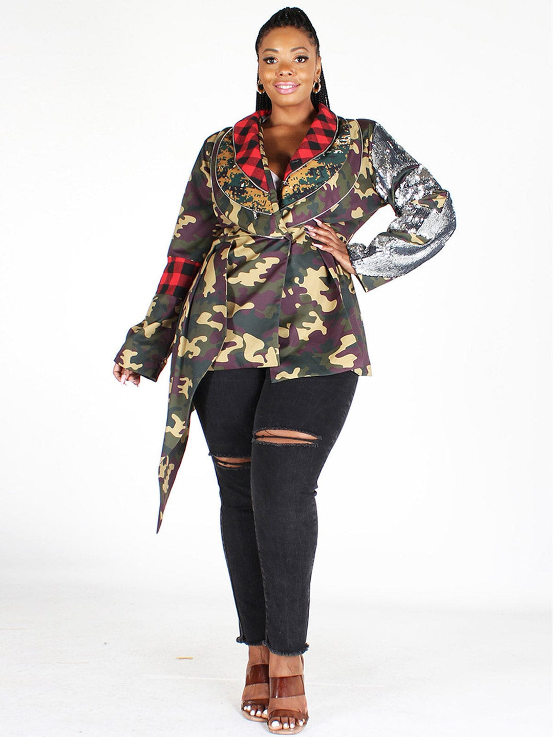 PLUS SIZE LONG SLEEVE BUTTON CLOSURE CAMO MULTI JACKET