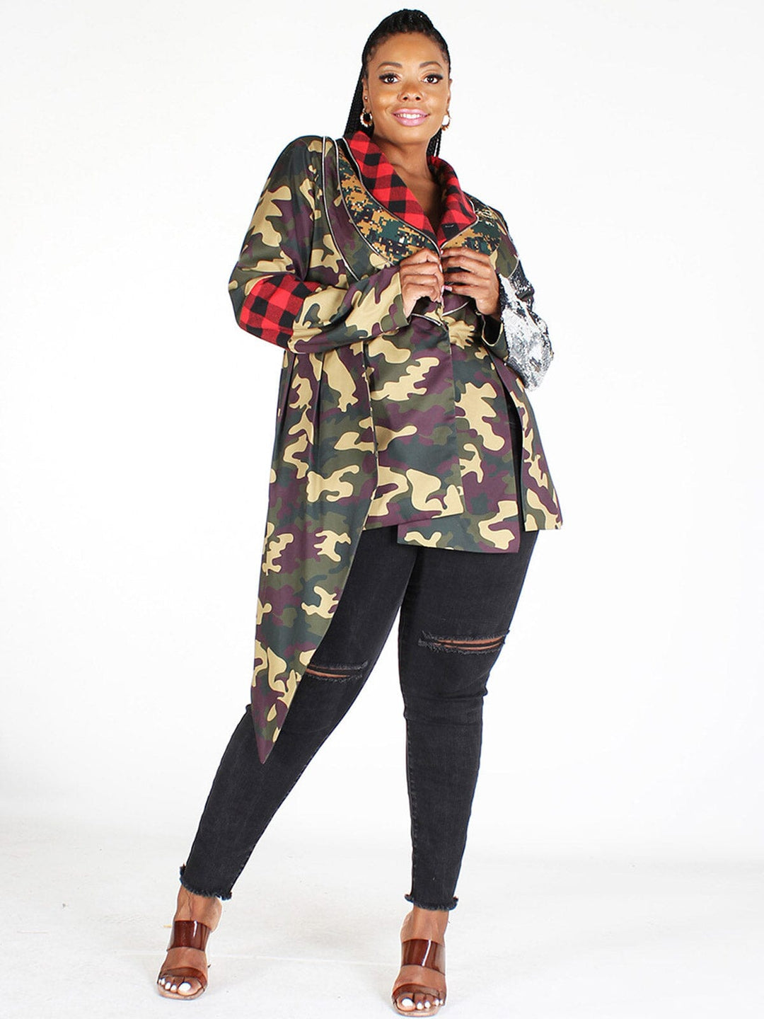 PLUS SIZE LONG SLEEVE BUTTON CLOSURE CAMO MULTI JACKET