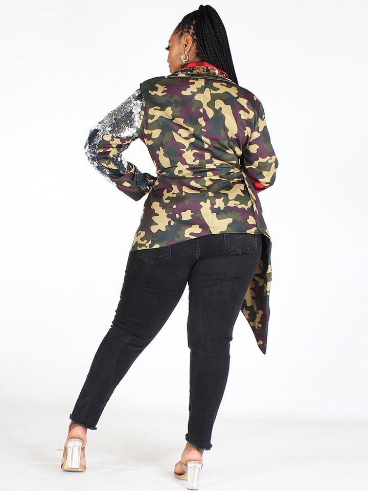 PLUS SIZE LONG SLEEVE BUTTON CLOSURE CAMO MULTI JACKET