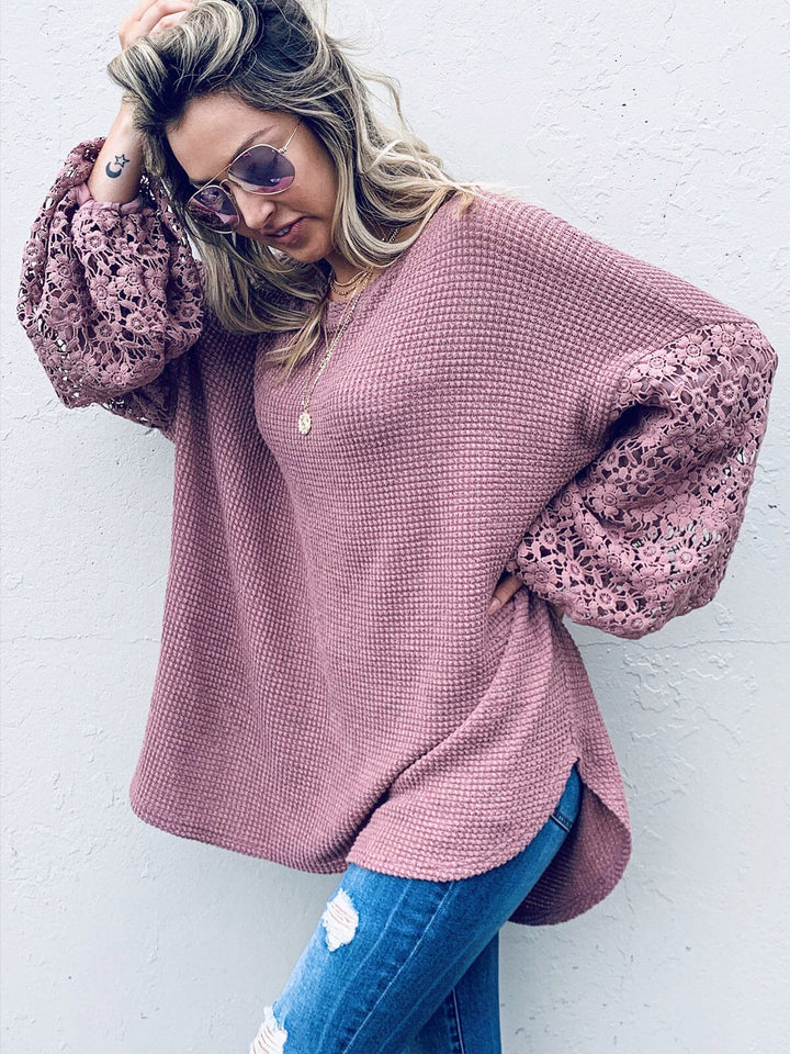 WOMEN'S LONG CROCHET SLEEVE LOOSE FIT WAFFLE OVERSIZED BLOUSE