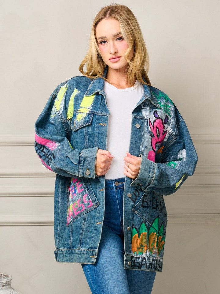 WOMEN'S LONG SLEEVE BUTTON CLOSURE GRAPHIC OVERSIZED DENIM JACKET