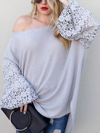 WOMEN'S LONG CROCHET SLEEVE LOOSE FIT WAFFLE OVERSIZED BLOUSE