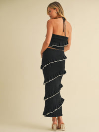 WOMEN'S HALTER NECK TOP & ELASTIC WAIST MAXI SKIRT RUFFLE TIERED KNIT 2PC. SET