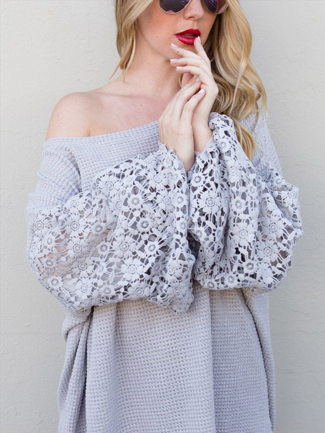 WOMEN'S LONG CROCHET SLEEVE LOOSE FIT WAFFLE OVERSIZED BLOUSE