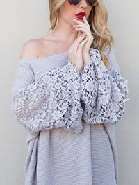 WOMEN'S LONG CROCHET SLEEVE LOOSE FIT WAFFLE OVERSIZED BLOUSE