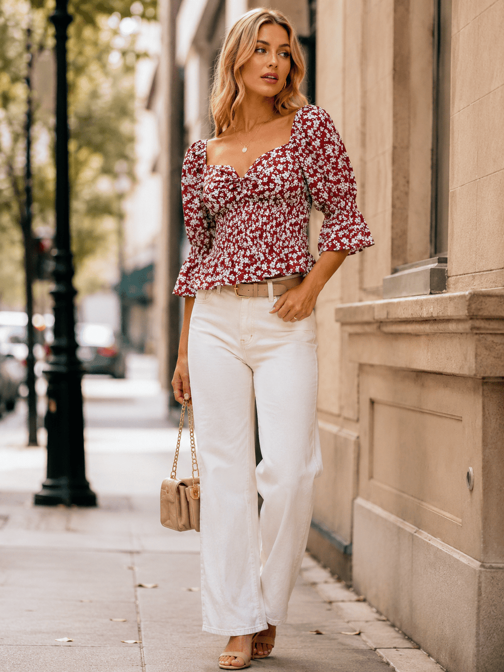 WOMEN'S 3/4 SLEEVE V-NECK SMOCK FLORAL BLOUSE