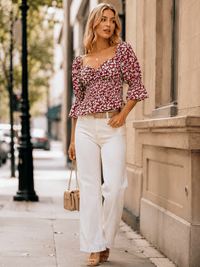 WOMEN'S 3/4 SLEEVE V-NECK SMOCK FLORAL BLOUSE