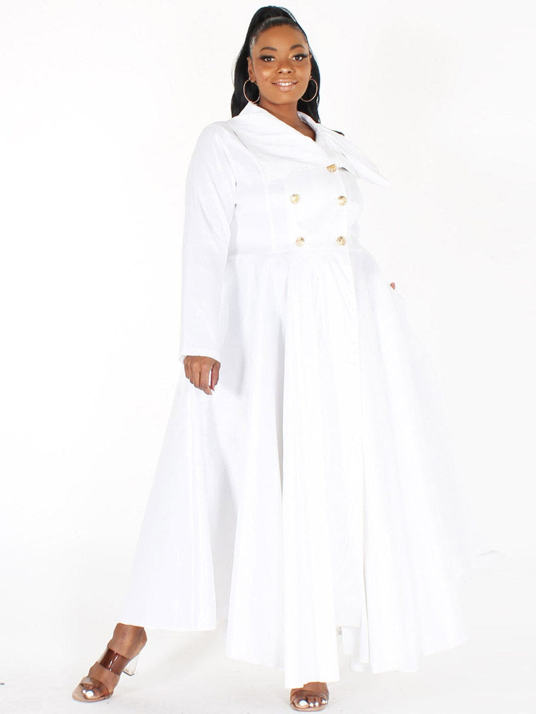 PLUS SIZE LONG SLEEVE BUTTON UP POCKETS MAXI DRESS