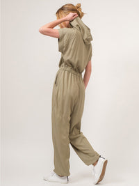 WOMEN'S SHORT SLEEVE BUTTON UP POCKETS JOGGER HOODED JUMPSUIT