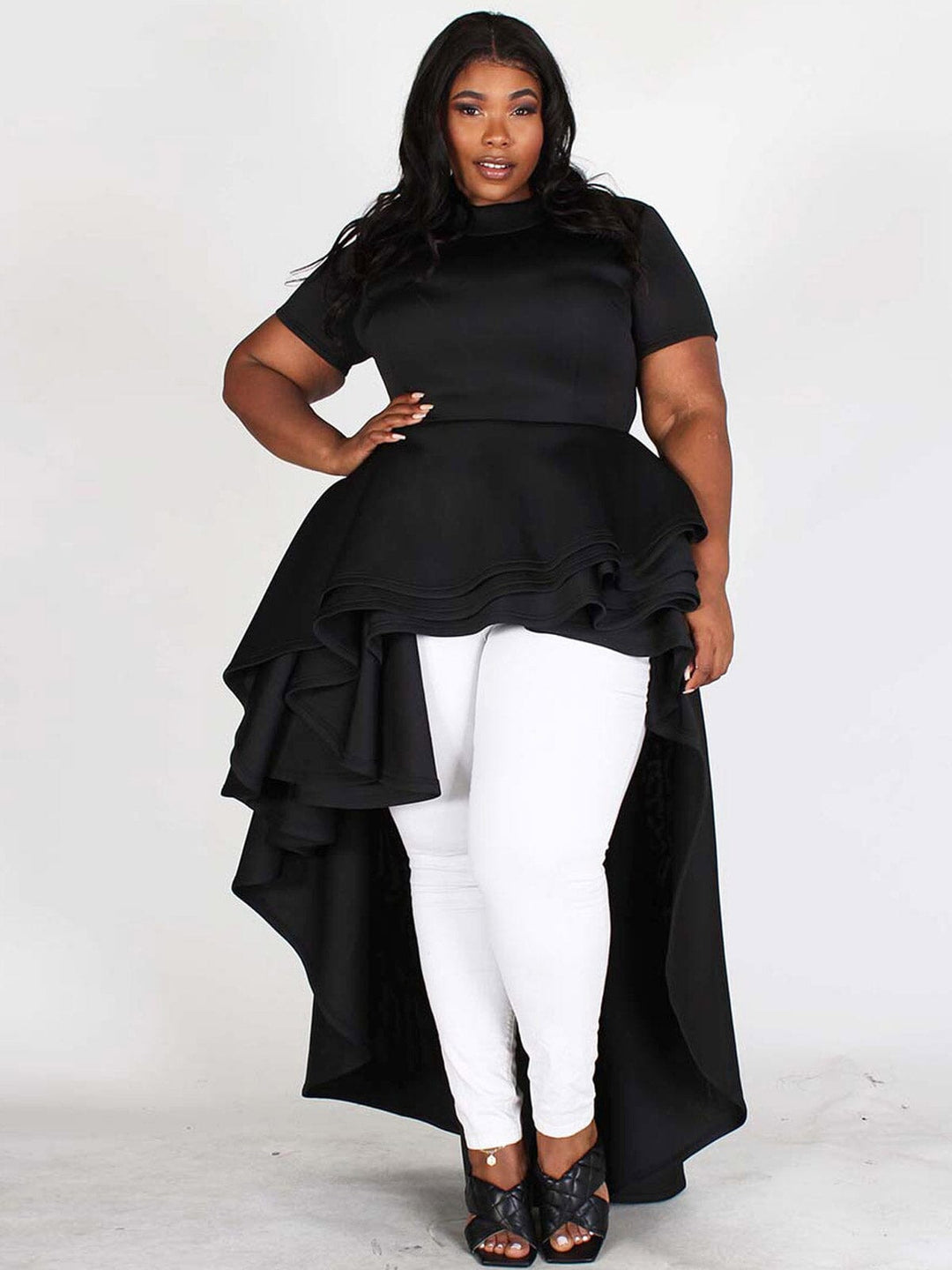 PLUS SIZE SHORT SLEEVES RUFFLE HIGH-LOW TOP