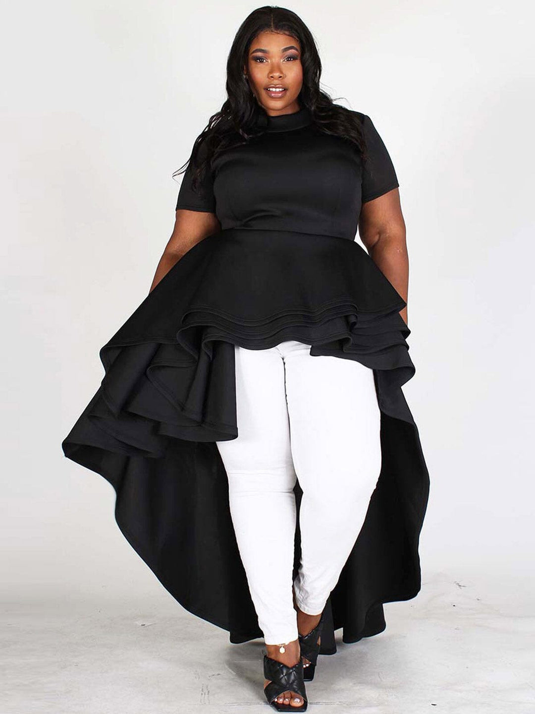 PLUS SIZE SHORT SLEEVES RUFFLE HIGH-LOW TOP