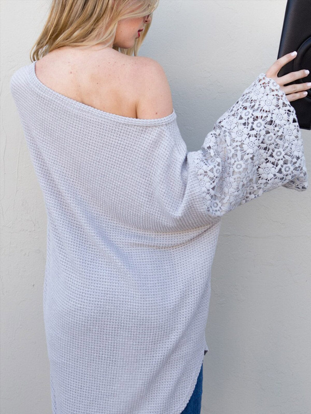 WOMEN'S LONG CROCHET SLEEVE LOOSE FIT WAFFLE OVERSIZED BLOUSE