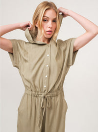 WOMEN'S SHORT SLEEVE BUTTON UP POCKETS JOGGER HOODED JUMPSUIT