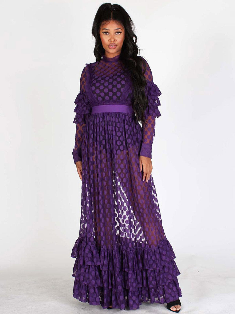 WOMEN'S LONG SLEEVES ALL OVER LACE RUFFLE MAXI DRESS