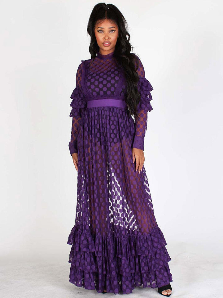 WOMEN'S LONG SLEEVES ALL OVER LACE RUFFLE MAXI DRESS