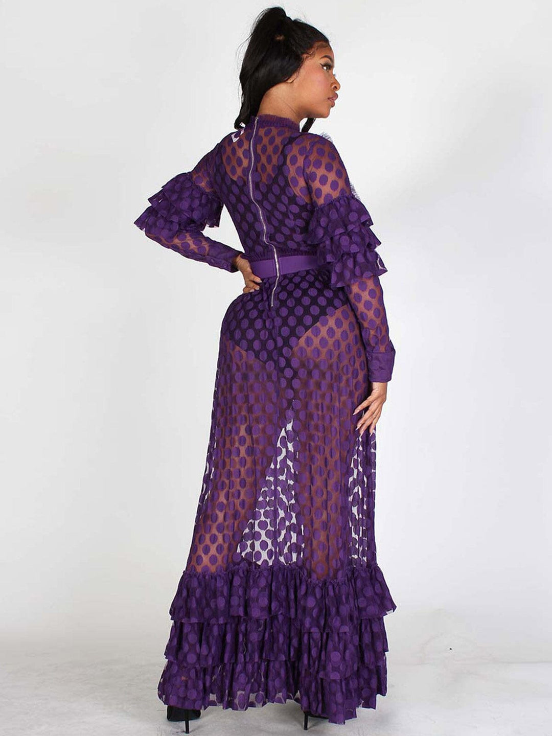 WOMEN'S LONG SLEEVES ALL OVER LACE RUFFLE MAXI DRESS