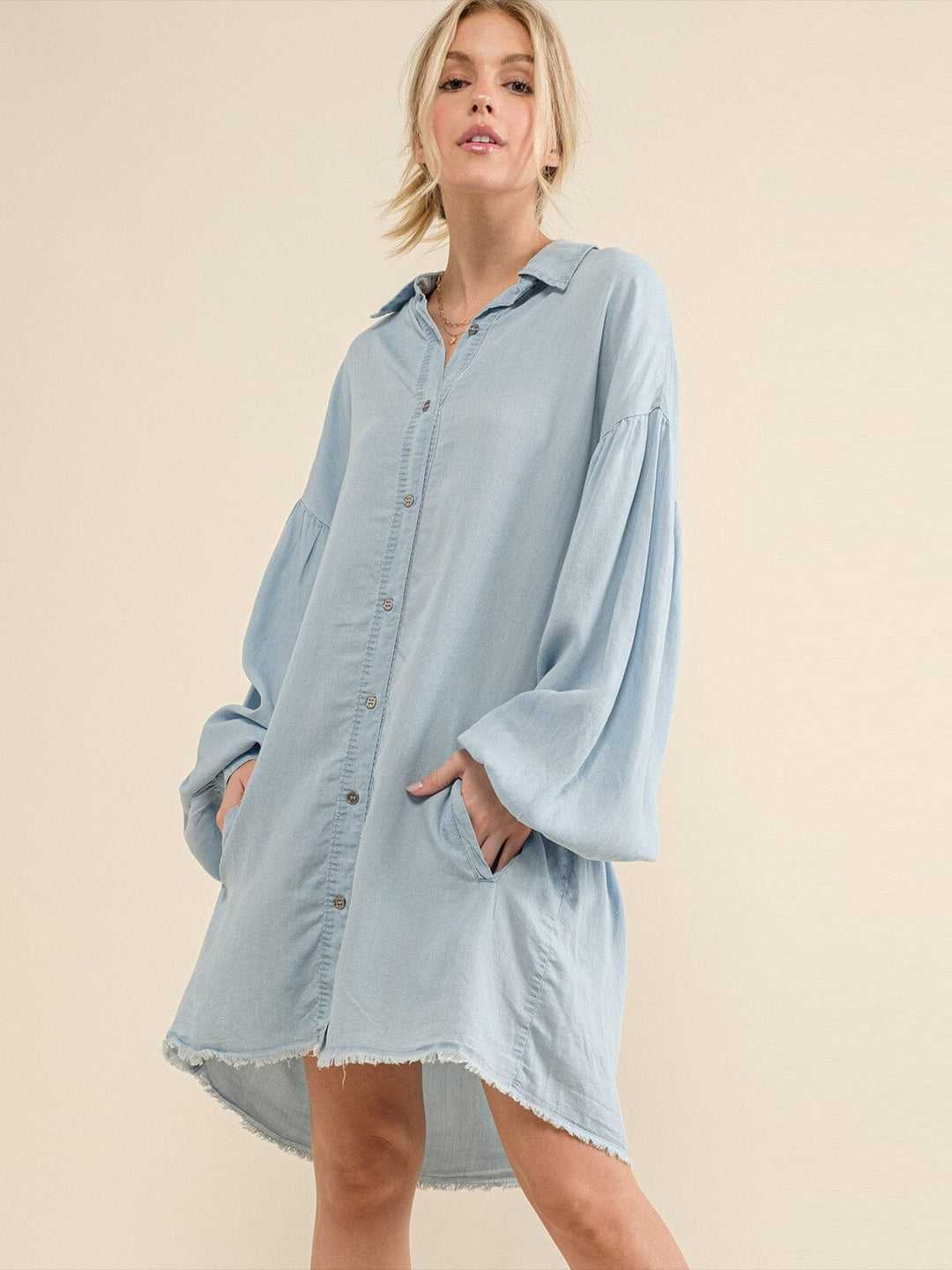WOMEN'S LONG BALLOON SLEEVE BUTTON UP FRONT POCKETS CHAMBRAY MIDI DRESS