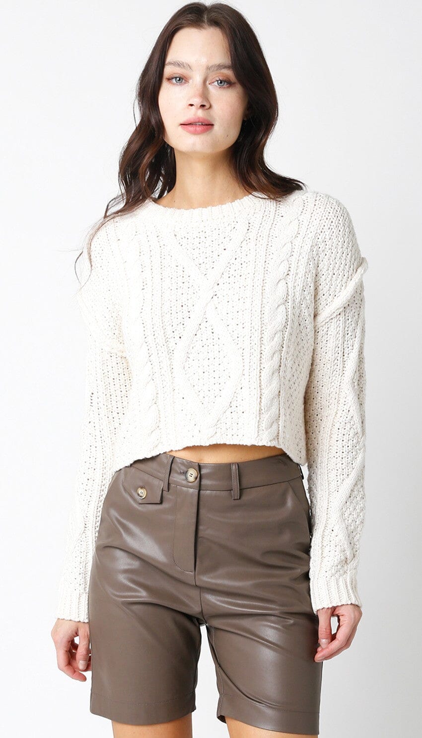 *********WOMEN'S LONG SLEEVE CABLE KNIT PULLOVER CROP SWEATER