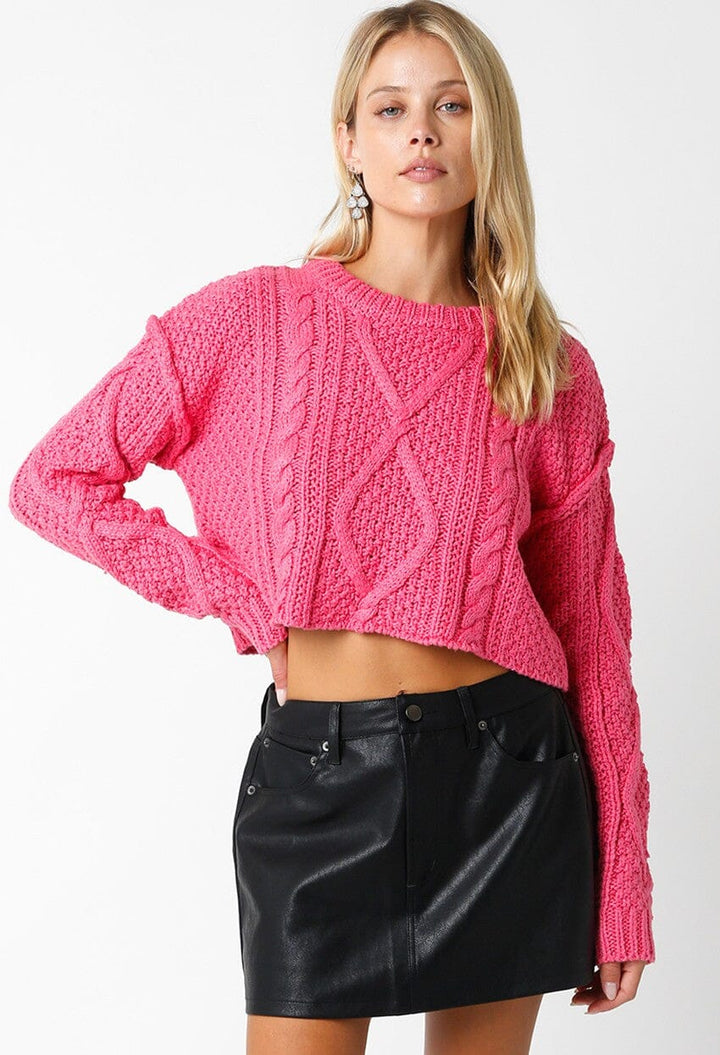 *********WOMEN'S LONG SLEEVE CABLE KNIT PULLOVER CROP SWEATER