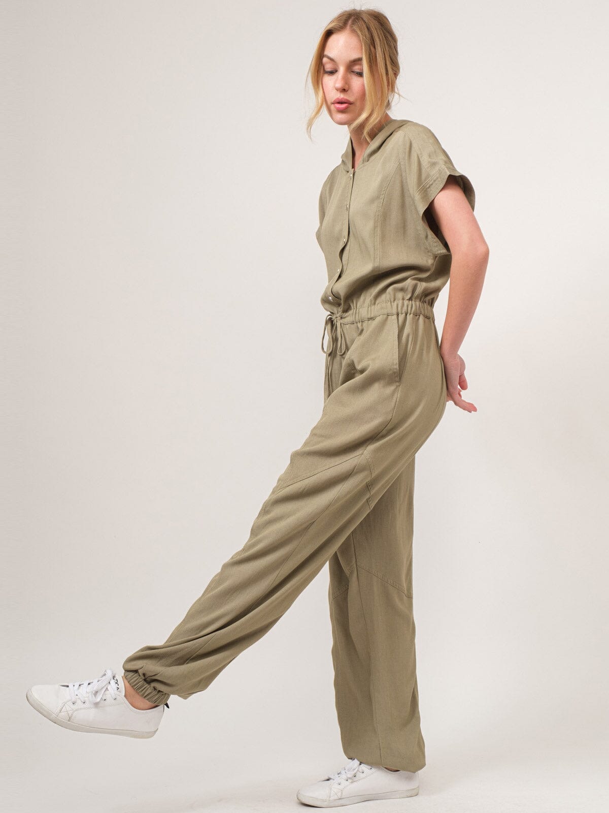 WOMEN'S SHORT SLEEVE BUTTON UP POCKETS JOGGER HOODED JUMPSUIT