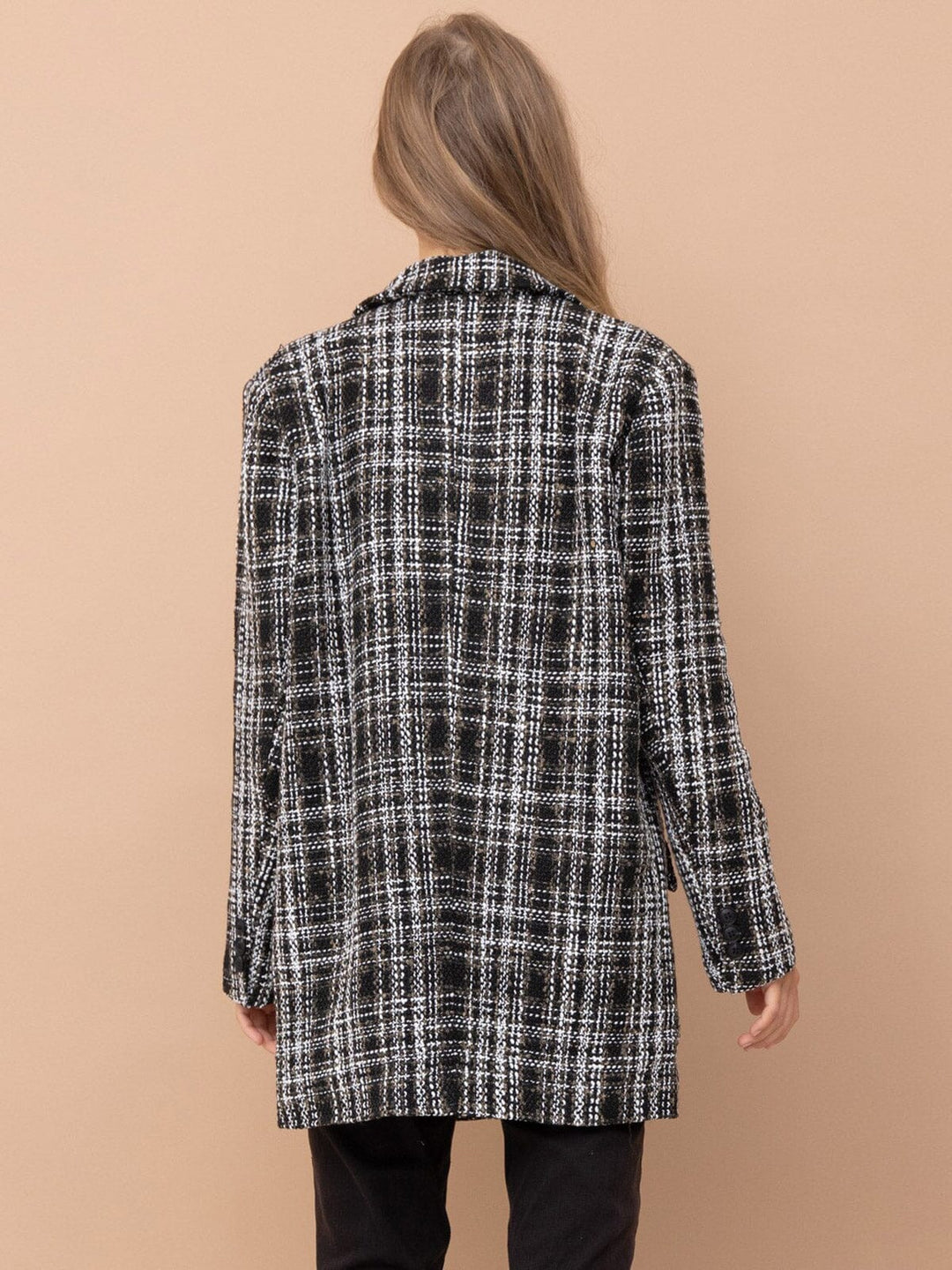 WOMEN'S LONG SLEEVE BUTTON CLOSURE POCKETS PLAID BLAZER