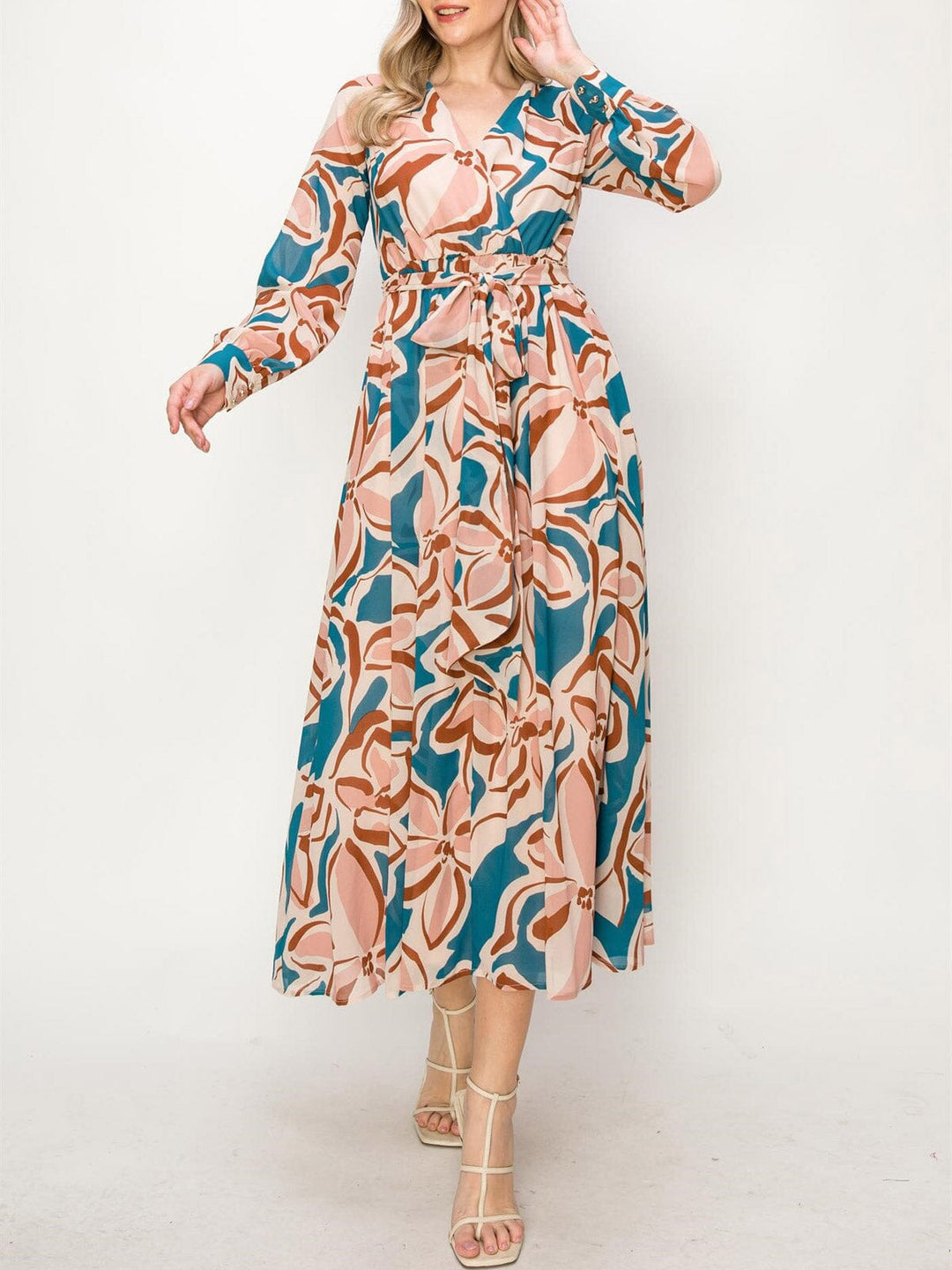 WOMEN'S LONG SLEEVE MULTI PRINT SURPLICE MAXI DRESS