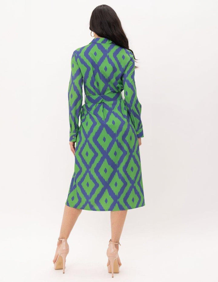 WOMEN'S LONG SLEEVE BUTTON UP POCKETS BELTED PRINTED MIDI DRESS