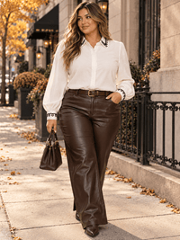 PLUS SIZE LONG SLEEVE BUTTON UP EMBROIDERY TRIM DETAILED BLOUSE