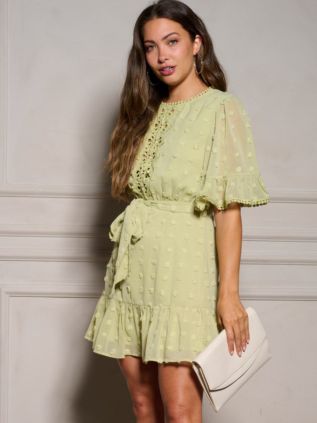 WOMEN'S SHORT SLEEVE OPEN BACK RUFFLE SWISS DOTS MINI DRESS