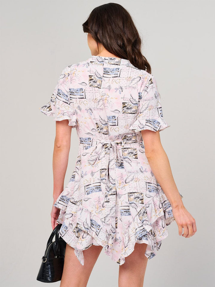 WOMEN'S SHORT SLEEVE BUTTON UP MULTI PRINT MINI DRESS