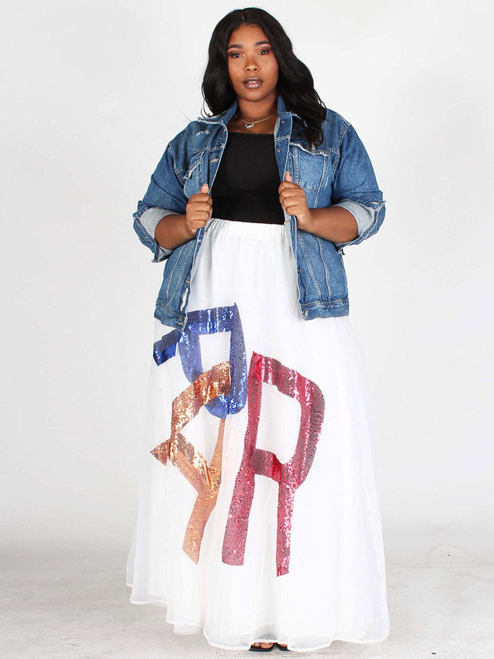 PLUS SIZE ELASTIC WAIST GRAPHIC MAXI SKIRT