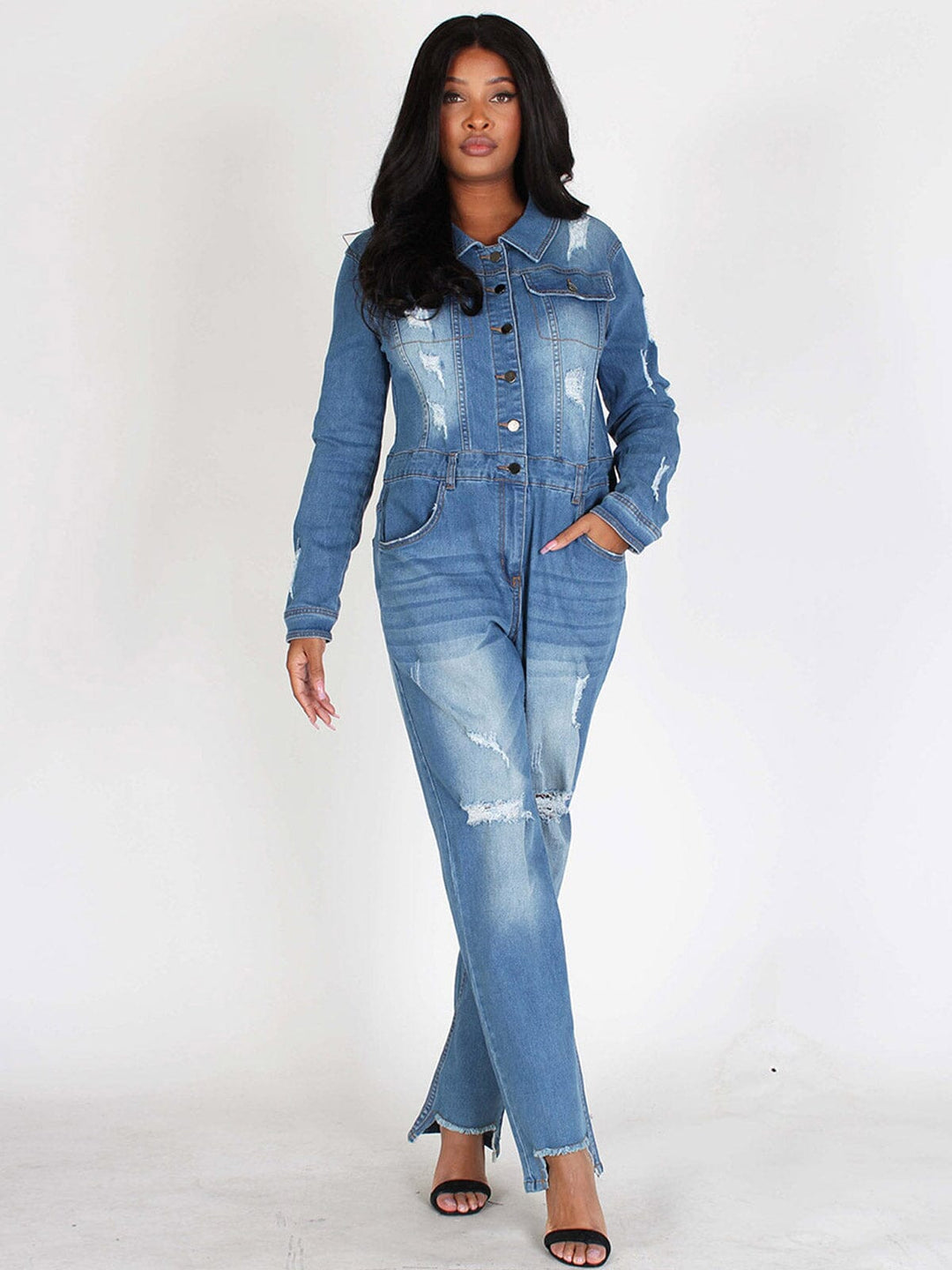 WOMEN'S LONG SLEEVES POCKETS BUTTON UP WASHED DISTRESSED DENIM JUMPSUIT
