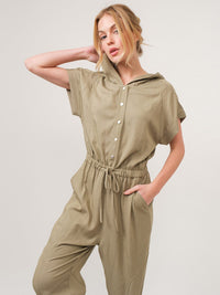 WOMEN'S SHORT SLEEVE BUTTON UP POCKETS JOGGER HOODED JUMPSUIT